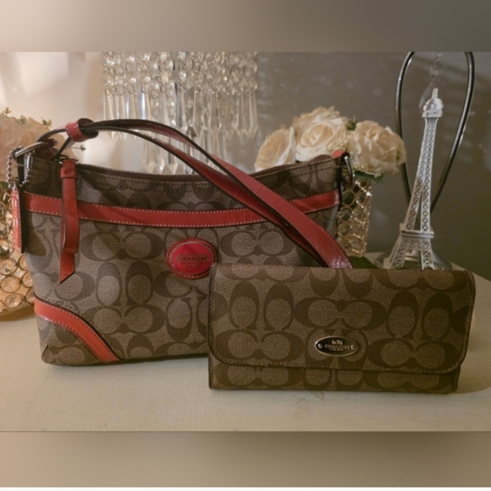 Coach Brown and Coral Shoulder Bag Set